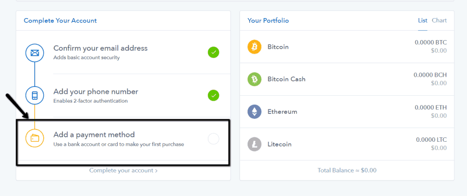 Coinbase - add payment method