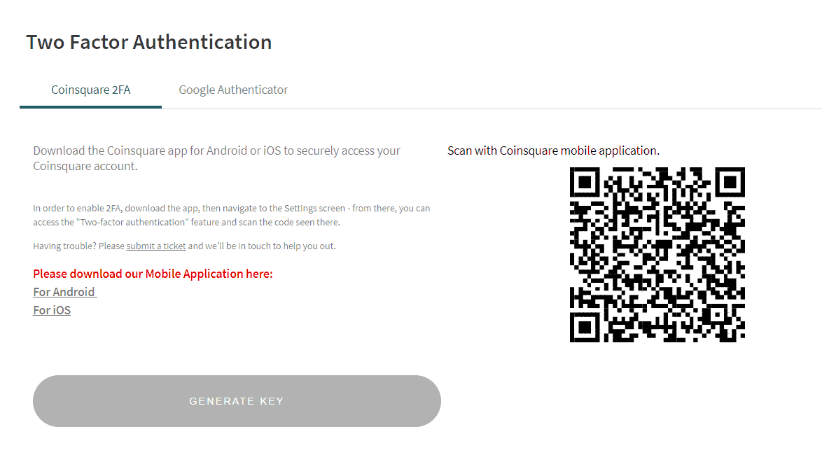 Coinsquare - Two Factor Authentication