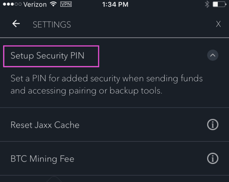 Jaxx - setup security PIN