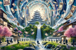 DALL·E 2024-01-11 17.17.04 – A Japanese city with a magnificent design, featuring yen notes raining from the sky and beautiful architecture. In the scene, there’s a fine waterfall