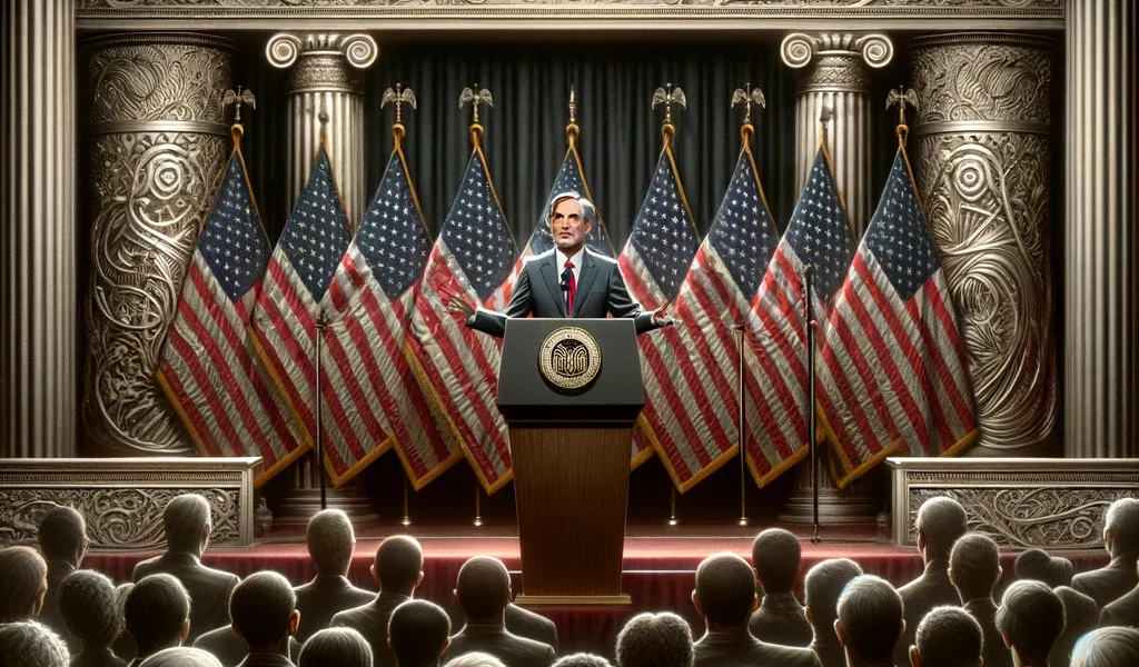 DALL·E 2024-02-05 08.39.59 - Create an image of the Federal Reserve Chairman standing at a podium, giving a speech. The background is adorned with American flags, showcasing a sen