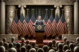 DALL·E 2024-02-05 08.39.59 – Create an image of the Federal Reserve Chairman standing at a podium, giving a speech. The background is adorned with American flags, showcasing a sen