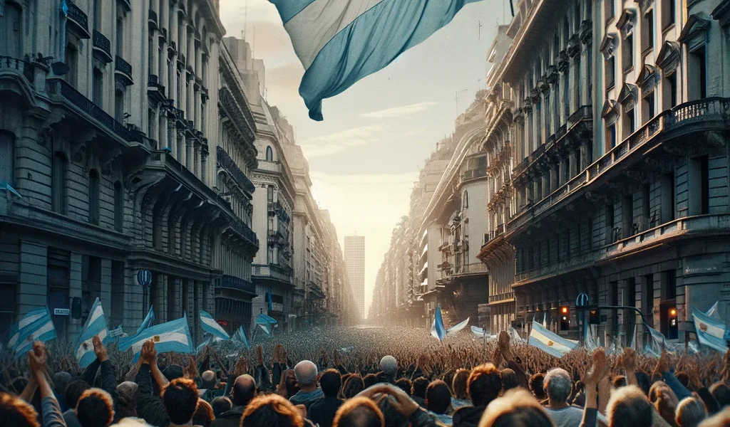 DALL·E 2024-03-18 19.44.15 - In a more intimate setting on the streets of Argentina, the national flag dominates the scene, its light blue and white colors vibrant against the bac
