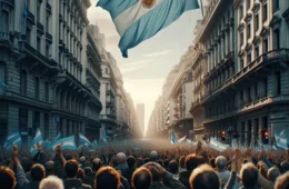 DALL·E 2024-03-18 19.44.15 – In a more intimate setting on the streets of Argentina, the national flag dominates the scene, its light blue and white colors vibrant against the bac