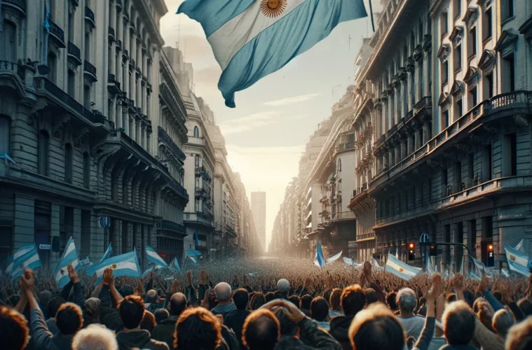 DALL·E 2024-03-18 19.44.15 - In a more intimate setting on the streets of Argentina, the national flag dominates the scene, its light blue and white colors vibrant against the bac