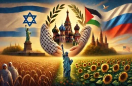 DALL·E 2024-11-14 12.49.29 – A symbolic, peaceful scene representing Israel, Palestine, Ukraine, Russia, and the USA. Include iconic elements from each country_ Israel with an oli