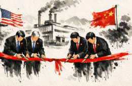 Ribbon cutting ceremony in sumi-e style