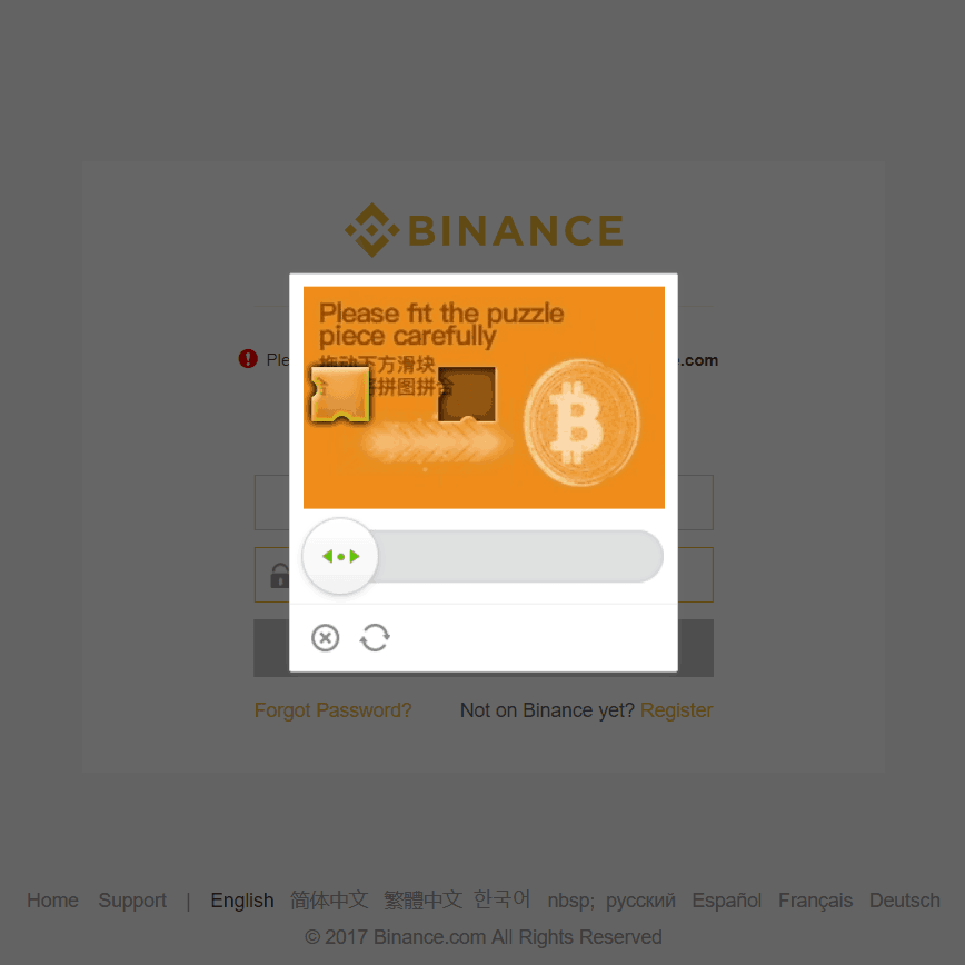 Binance - how to master the slider puzzle signin